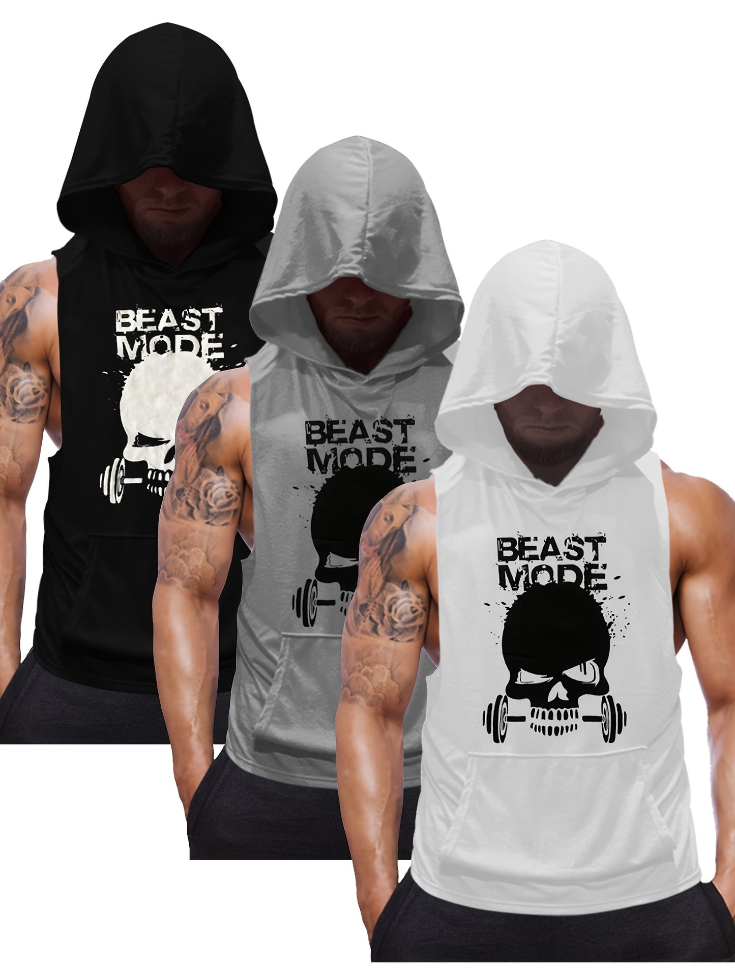 Men's Sleeveless Hooded Workout Tank Tops by QQ