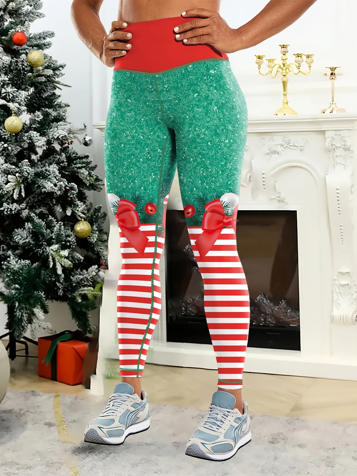 Christmas Ball Pattern Striped Yoga Leggings High Stretch