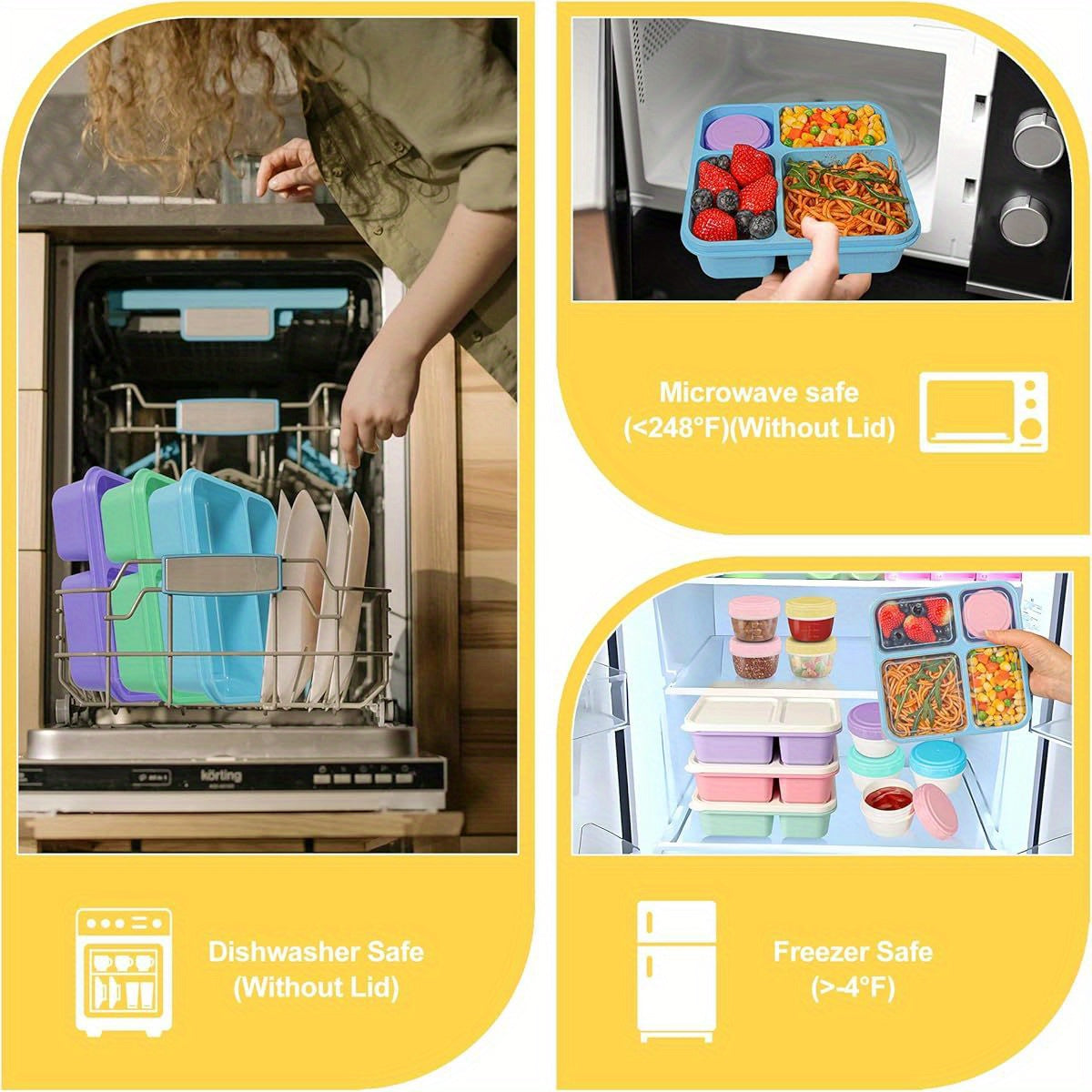4-Pack Original Design Lunchable Container Bento Box, 40oz Large 4-Compartment Square Plastic Lunch Boxes for Adults & Kids, Microwave & Dishwasher Safe with Salad Dressing Containers, Portable for School, Office, Picnics, Pi - Revitalize Mind Body