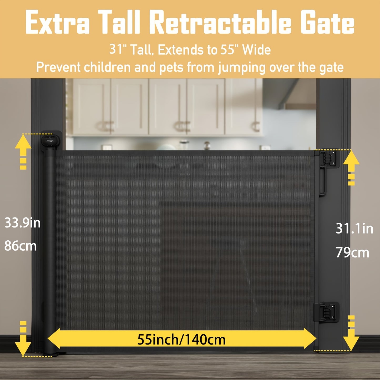 Versatile Retractable & Pet Gate, No Drilling Required - Black Nylon Mesh, Extends 55" Wide, 33.9" High, Ideal for Doorways, Stairs, Hallways, Decks, and Porches, Retractable Doorway Gate|Versatile Home Gate|Durable Nylon Mes - Revitalize Mind Body