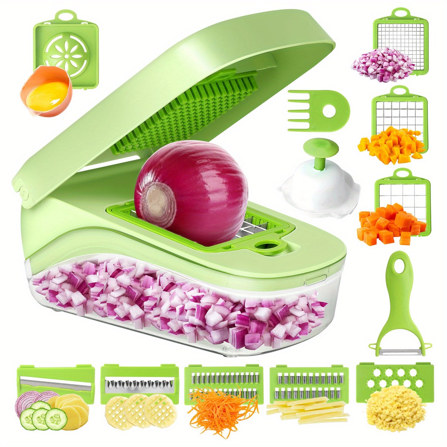 Green Multi-Functional Manual Vegetable Chopper & Slicer - Stainless Steel Grater for Shredding, Slicing Onions, Potatoes, and Fruits - Includes Interchangeable Attachments for Grating, Slicing, and Julienne Cuts - Perfect fo - Revitalize Mind Body