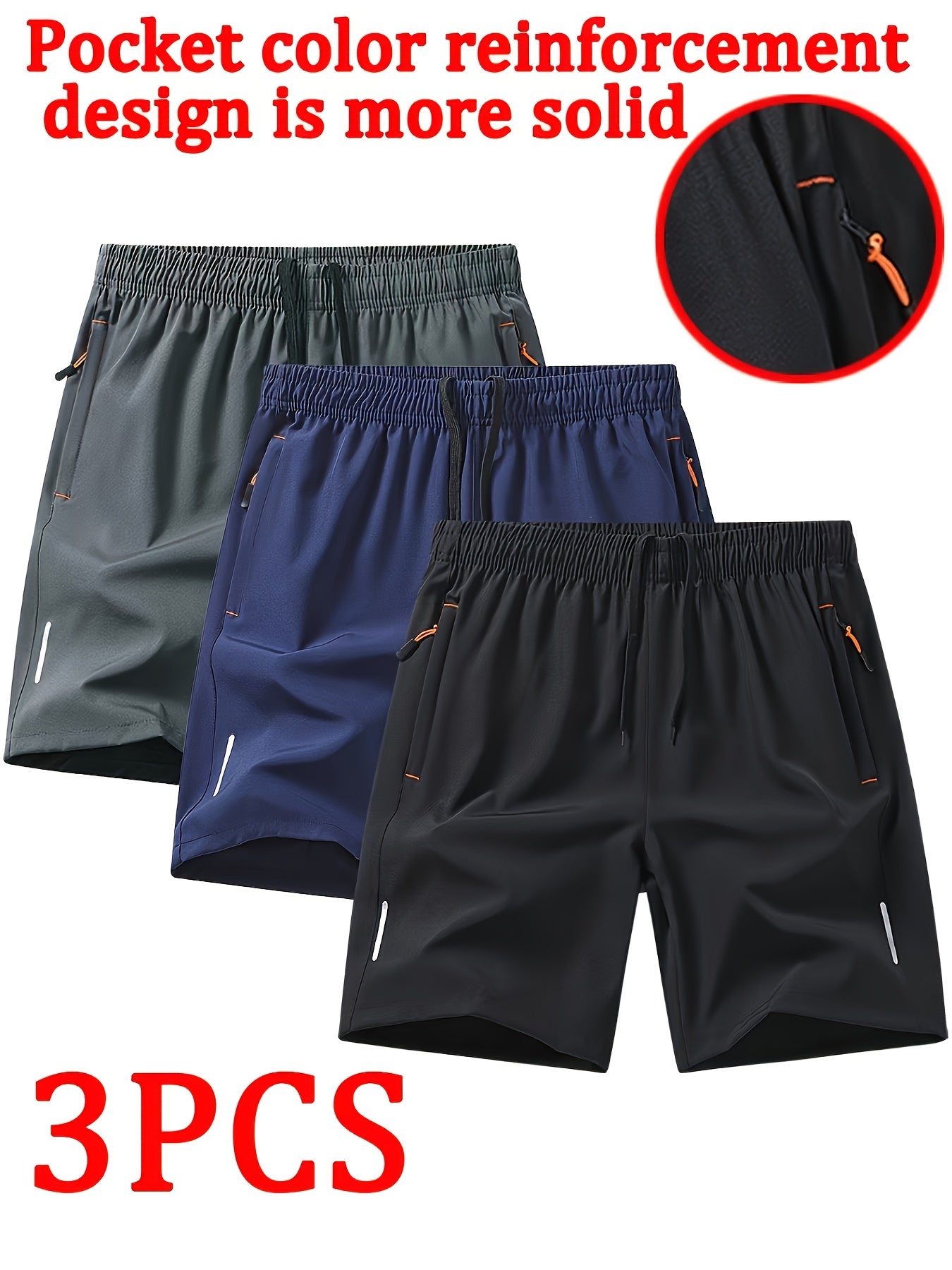 3pcs Men'S Stylish Athletic Shorts, Black Drawstring Design, Zippered Pockets, Ideal For Summer Training And Outdoor Activities, Plus Size Shorts - Revitalize Mind Body