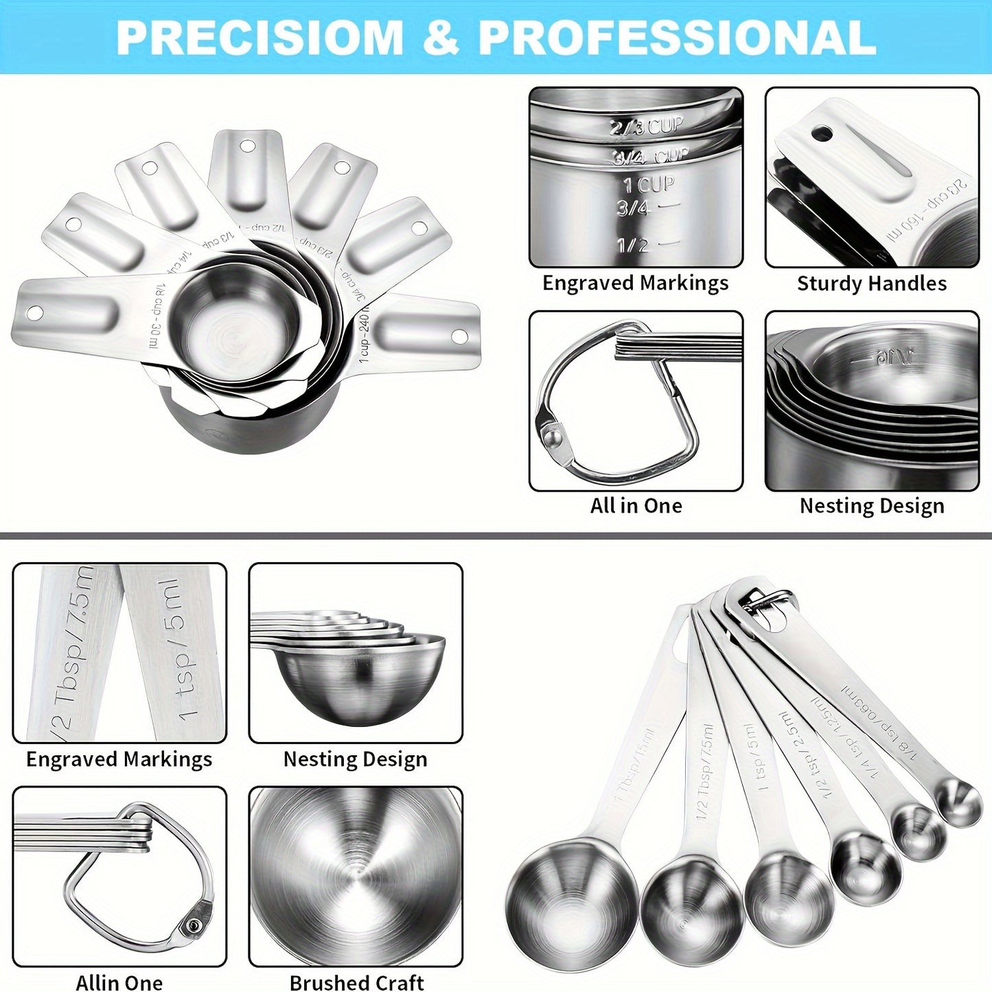 20pcs/set, Measuring Cups And Spoons Set, Stainless Steel Measuring Cups And Spoons Set, Including Stackable Measuring Cup And Measuring Spoons, 1 Leveler For Dry And Liquid Ingredients, Baking Tools, Kitchen Stuff - Revitalize Mind Body