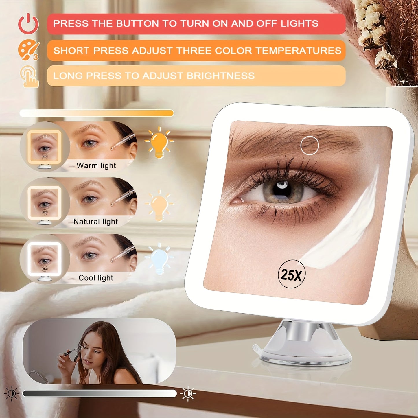 FANCYSEEU 25X Magnifying LED Makeup Mirror 3 Modes 2000mAh