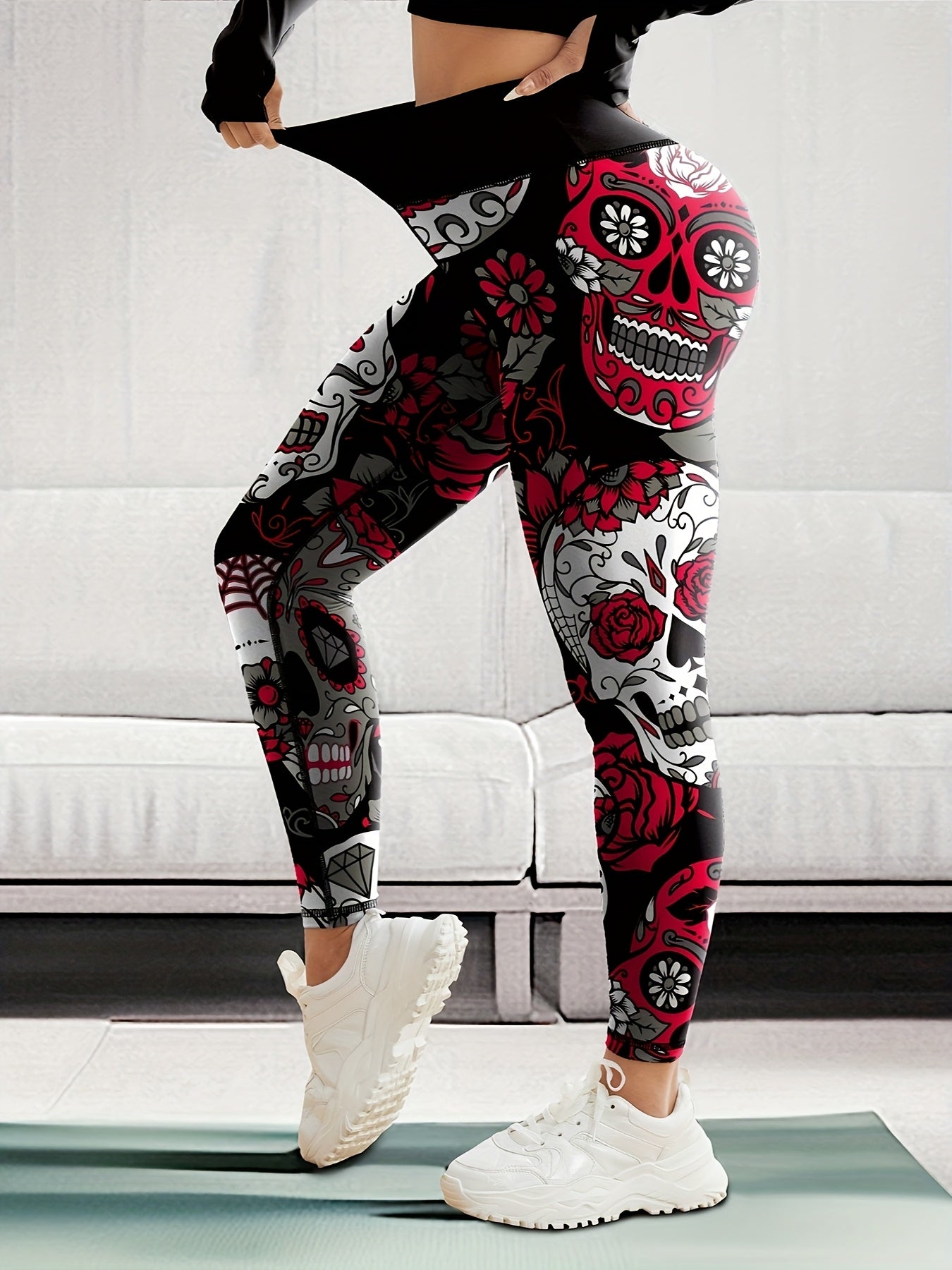 Halloween Skull Floral Print High Waist Yoga Leggings