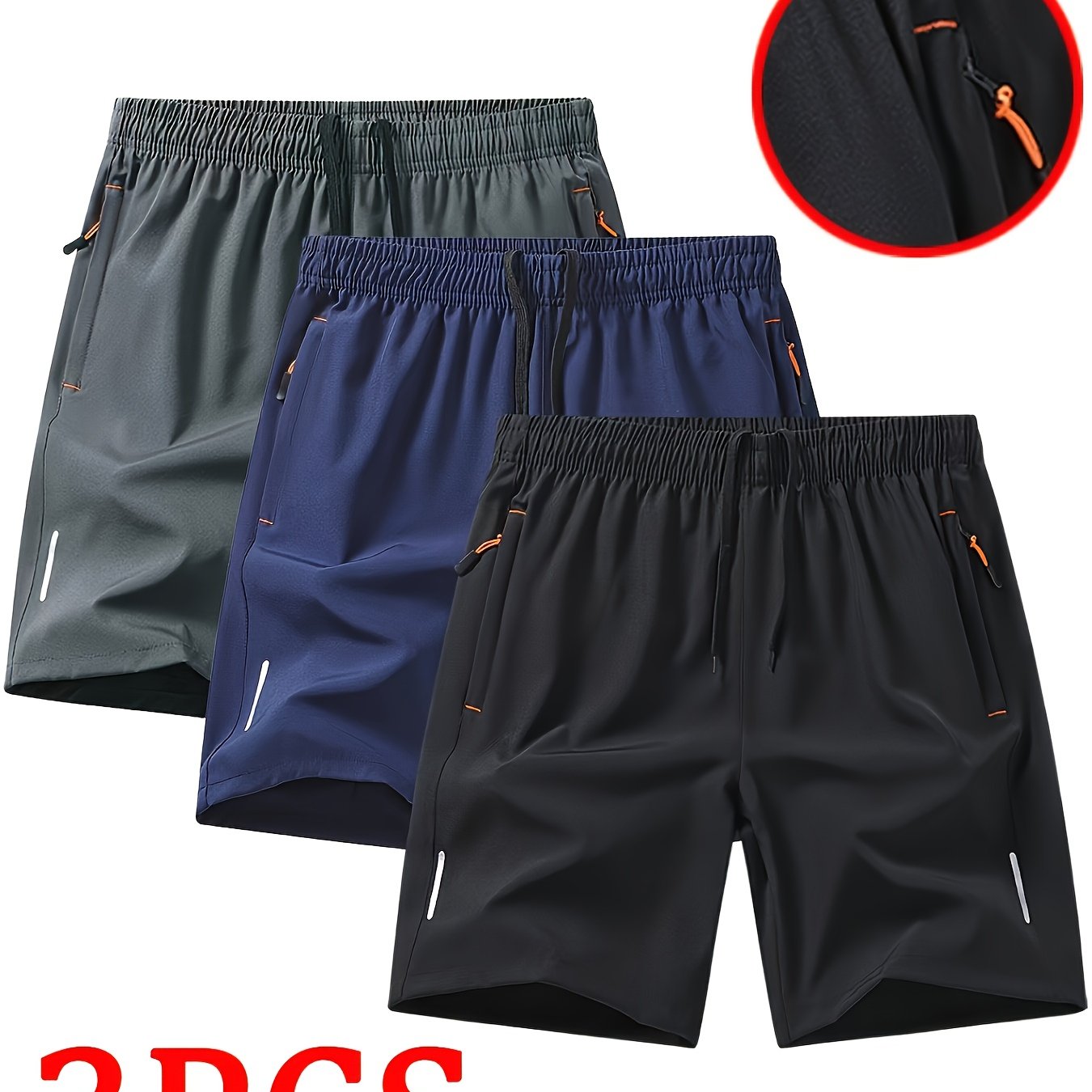 3pcs Men'S Stylish Athletic Shorts, Black Drawstring Design, Zippered Pockets, Ideal For Summer Training And Outdoor Activities, Plus Size Shorts - Revitalize Mind Body
