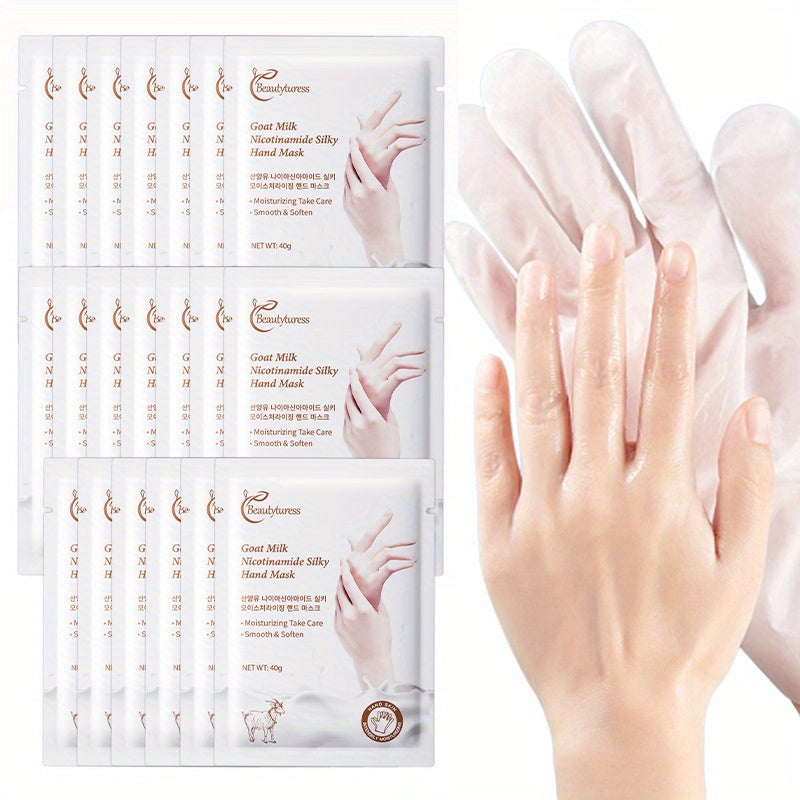 Goat Milk & Nicotinamide Hand Masks - 20 Pairs, Hypoallergenic, Moisturizing, Glycerin-Infused, Unscented, for Smooth & Soft Hands - Revitalize Mind Body