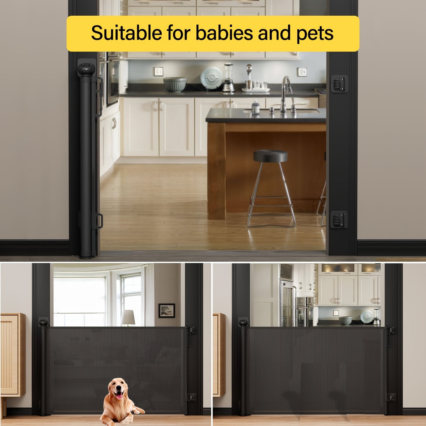 Versatile Retractable & Pet Gate, No Drilling Required - Black Nylon Mesh, Extends 55" Wide, 33.9" High, Ideal for Doorways, Stairs, Hallways, Decks, and Porches, Retractable Doorway Gate|Versatile Home Gate|Durable Nylon Mes - Revitalize Mind Body