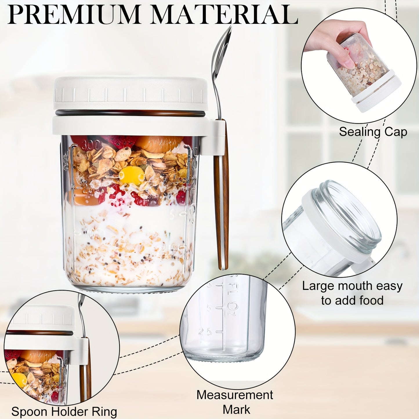 8pcs 10oz Large Capacity Airtight Overnight Oats Containers with Lids & Wooden Spoons - Reusable, Clear Round Jars with Measurement Marks for Healthy Breakfast Prep - Revitalize Mind Body