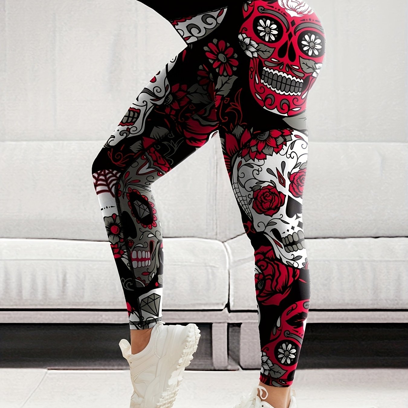 Halloween Skull Floral Print High Waist Yoga Leggings