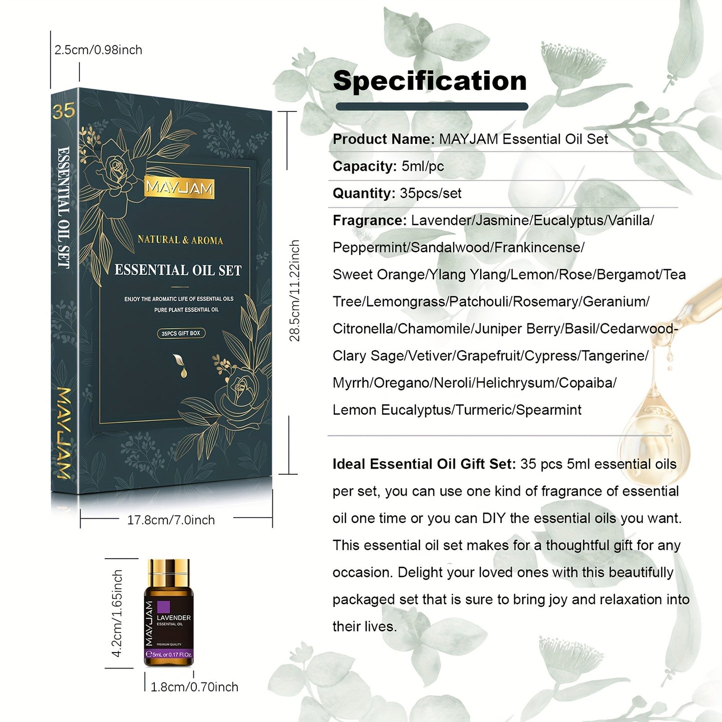 MAYJAM 35pcs 5ml/0.17Fl.Oz Essential Oils Set Gift Kit For Aromatherapy Diffusers Humidifier Valentine'S Day - Revitalize Mind Body