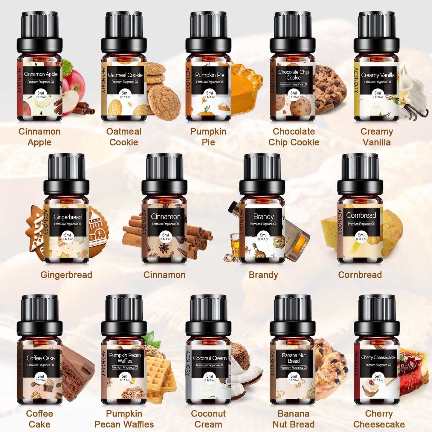Bakery Essential Oils Set - Set of 14 Fragrance Oil for Diffusers, Candle Making - Pumpkin Pie, Coffee Cake, Oatmeal Cookie, Gingerbread, Cinnamon Apple Aromatherapy Scented Oils (5ml) - Revitalize Mind Body