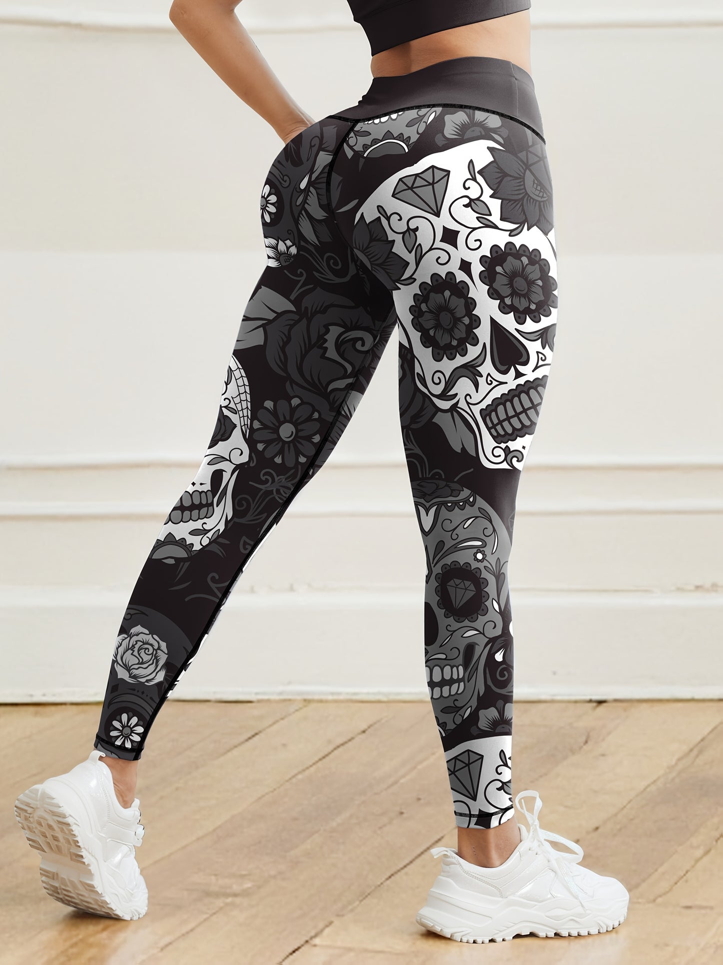 Halloween Skull Floral Print High Waist Yoga Leggings