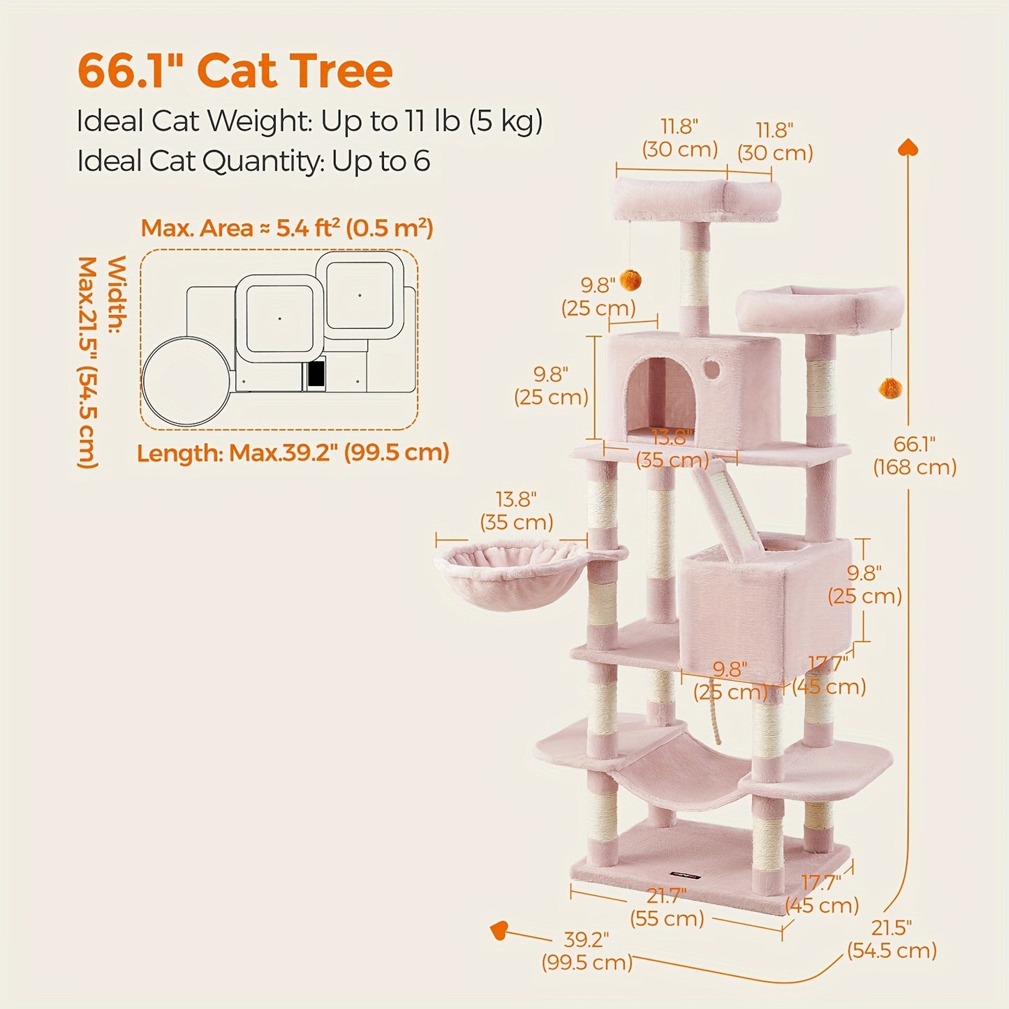 66.1/44.1in Cat Tree, Large Cat Tower with 13 Scratching Posts, 2 Perches, 2 Caves, Hanging Basket & Hammock, Pompoms, Stable Kitty Play House, Multi-Level Plush Cat Condo for Indoor Cat, Easy to Assemble, Perfect Children's - Revitalize Mind Body