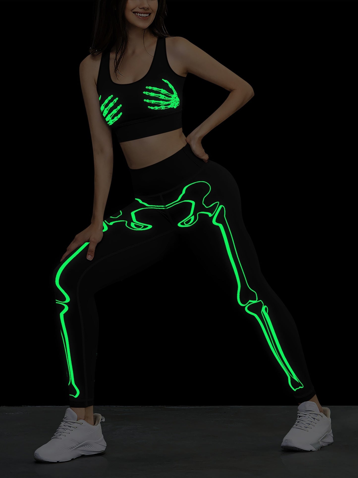Halloween Skull Glow Yoga Set Women High Waist Pants Tank