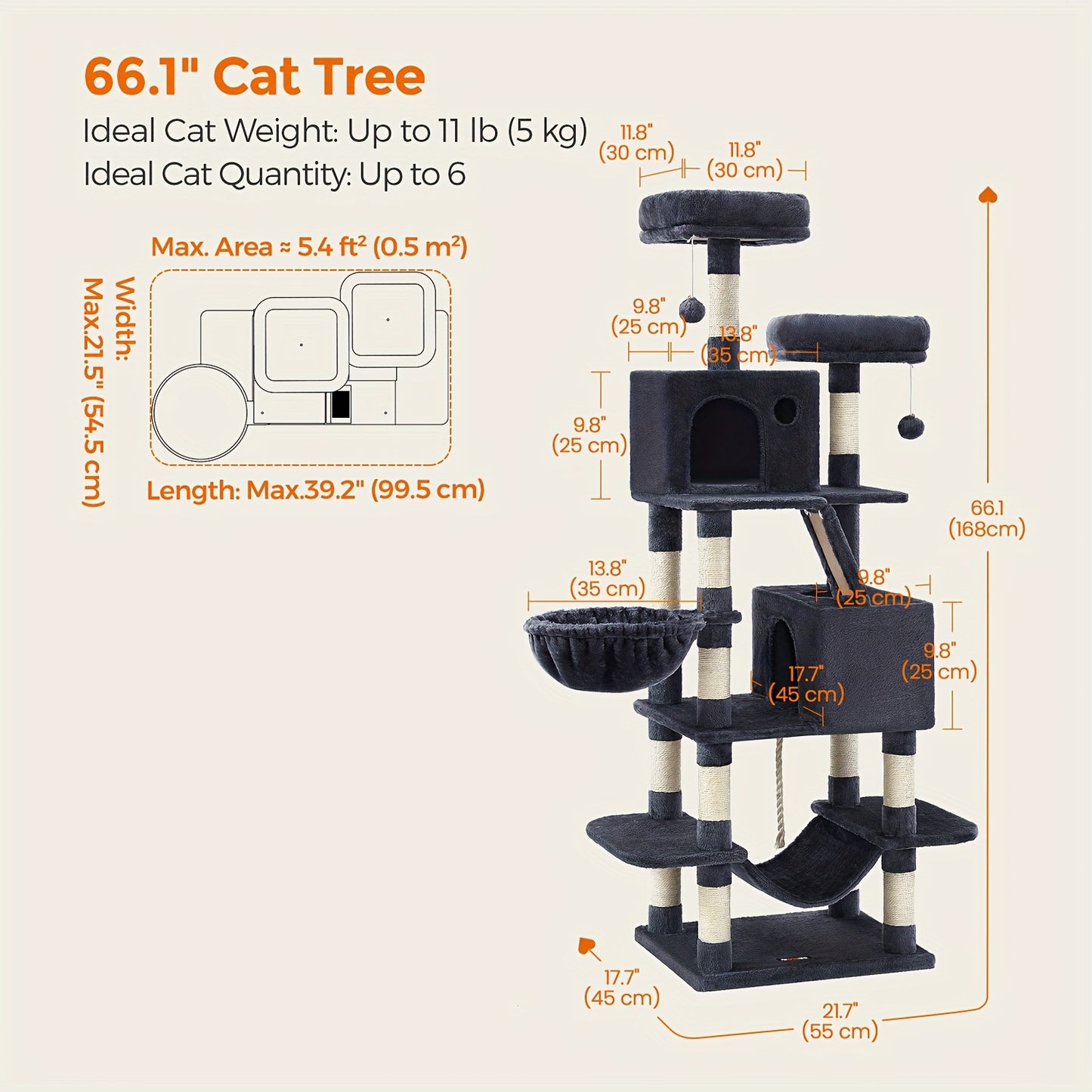 66.1/44.1in Cat Tree, Large Cat Tower with 13 Scratching Posts, 2 Perches, 2 Caves, Hanging Basket & Hammock, Pompoms, Stable Kitty Play House, Multi-Level Plush Cat Condo for Indoor Cat, Easy to Assemble, Perfect Children's - Revitalize Mind Body