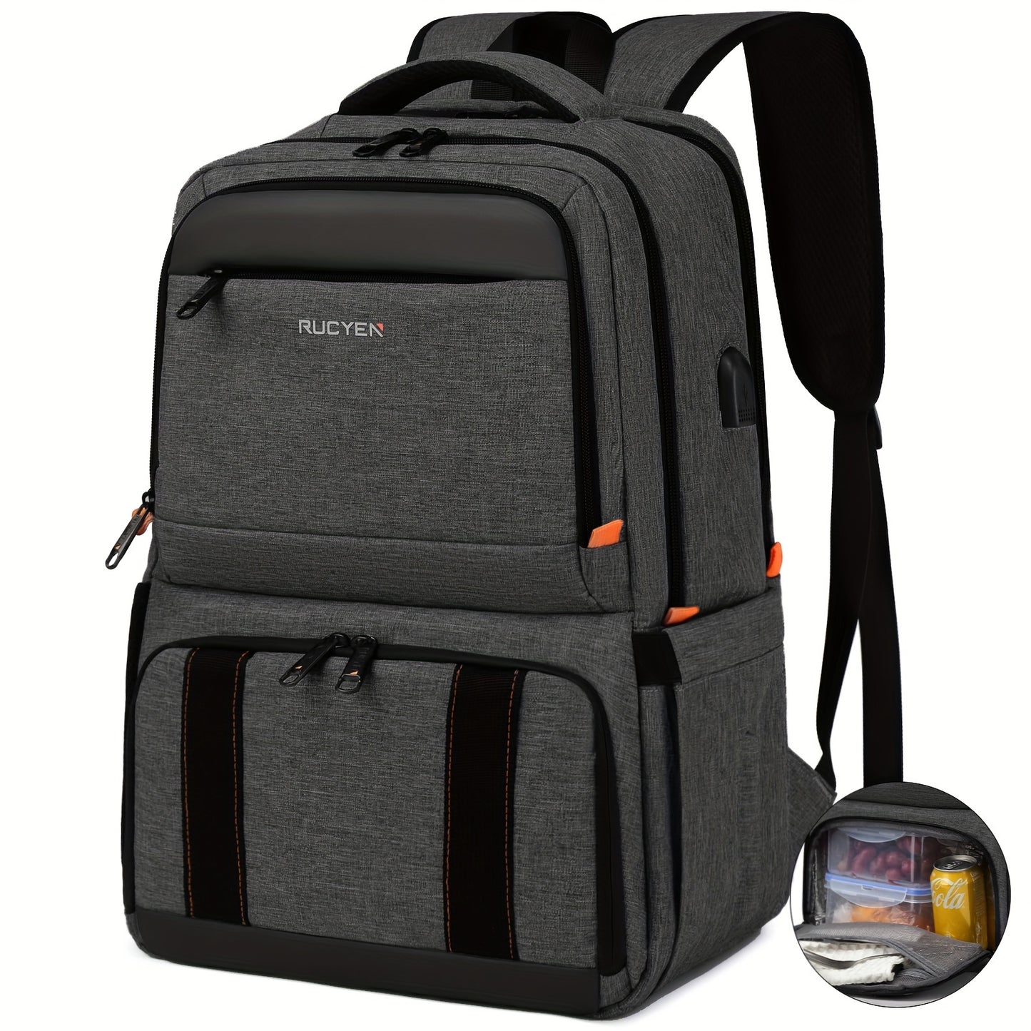 15.6 Inches RFID Blocking Laptop RUCYEN Backpack - Insulated Cooler Lunch Box with USB Port for Men Women - Work Travel Picnics Hiking - Revitalize Mind Body