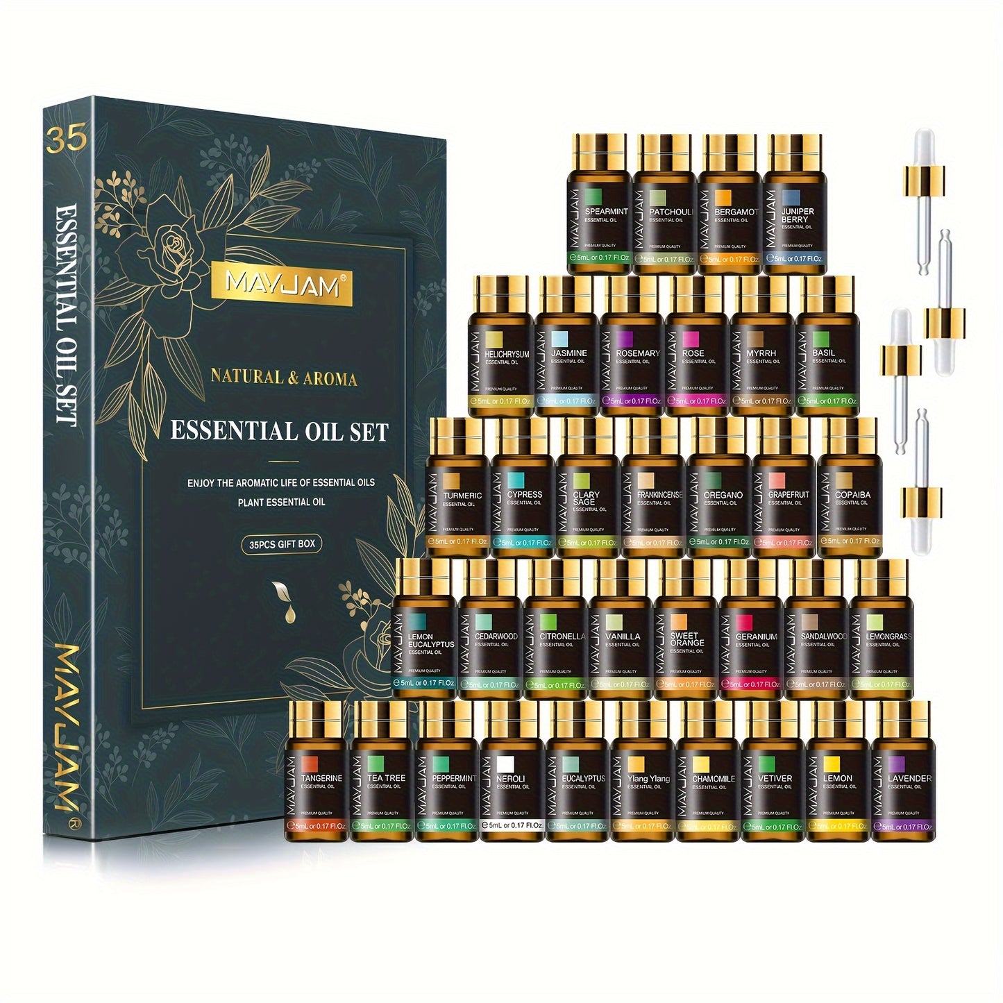 MAYJAM 35pcs 5ml/0.17Fl.Oz Essential Oils Set Gift Kit For Aromatherapy Diffusers Humidifier Valentine'S Day - Revitalize Mind Body