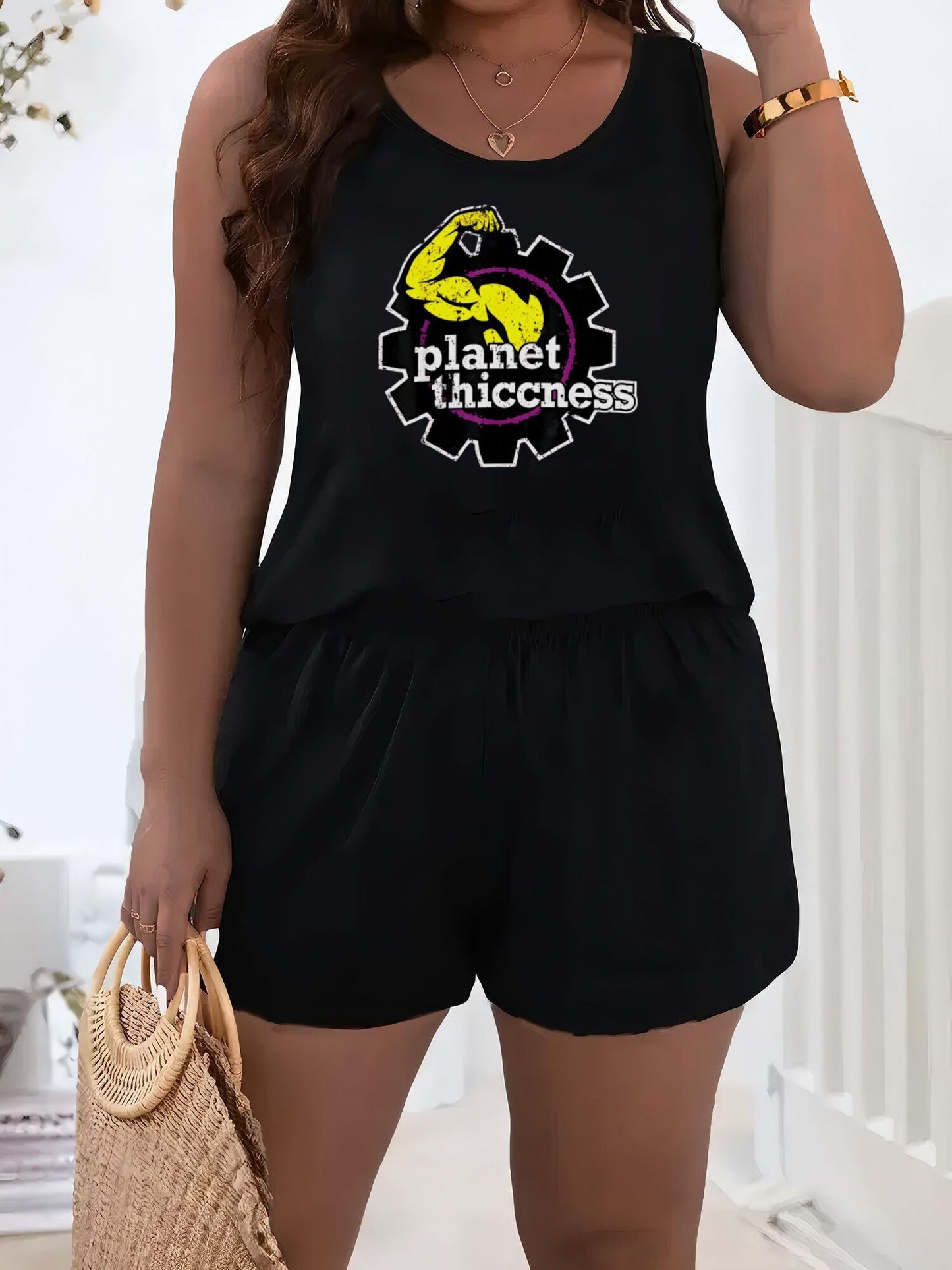 Planet Thiccness Gym Set Funny Workout Lover Sleeveless Top Shorts - Revitalize Mind Body