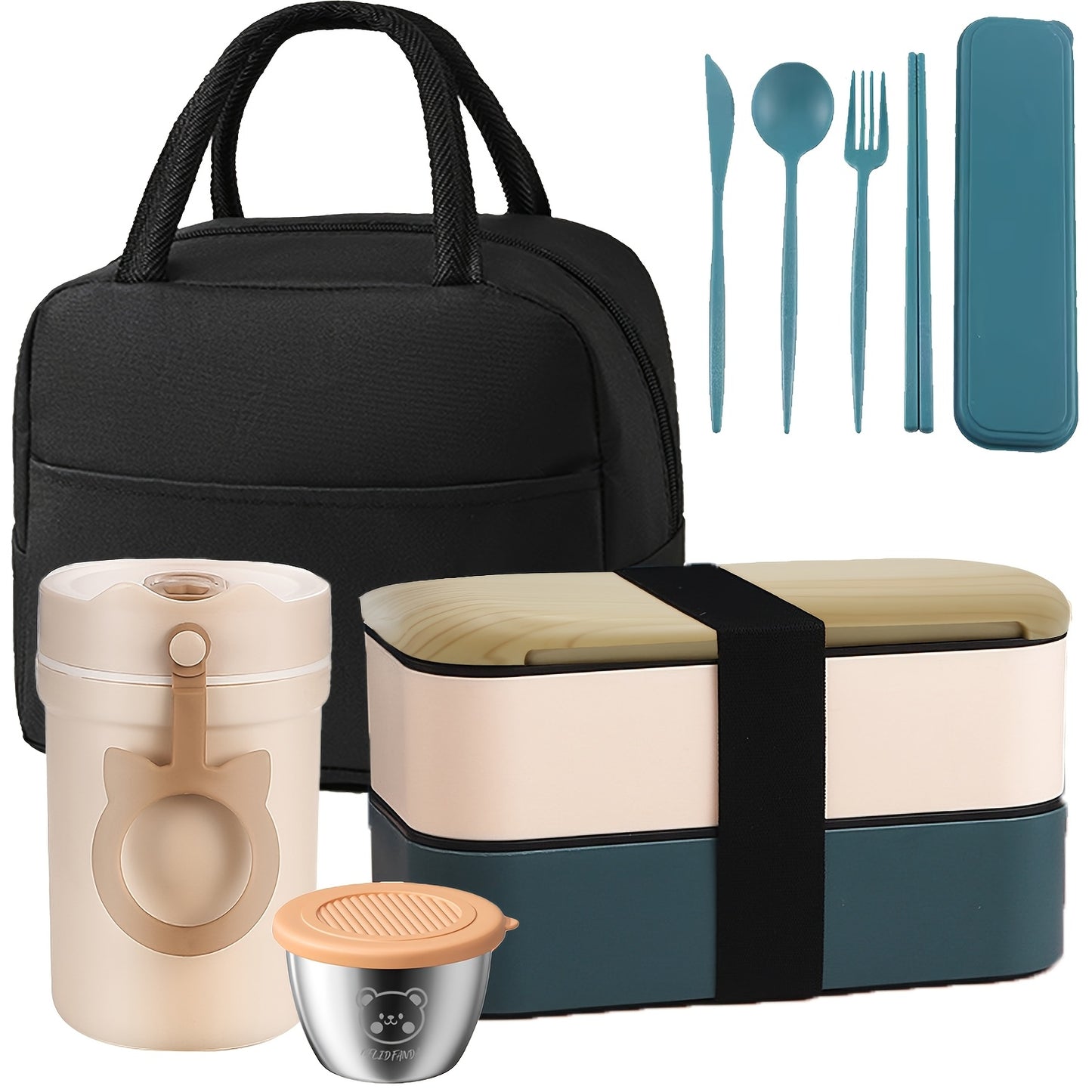 60OZ Double-layer Lunch Box Set: Lunch Box+soup Cup+tableware+dipping Dish+meal Bag. Prepare Your Favorite Lunch For Him/her, Suitable For Outdoor/long-distance Driving. - Revitalize Mind Body