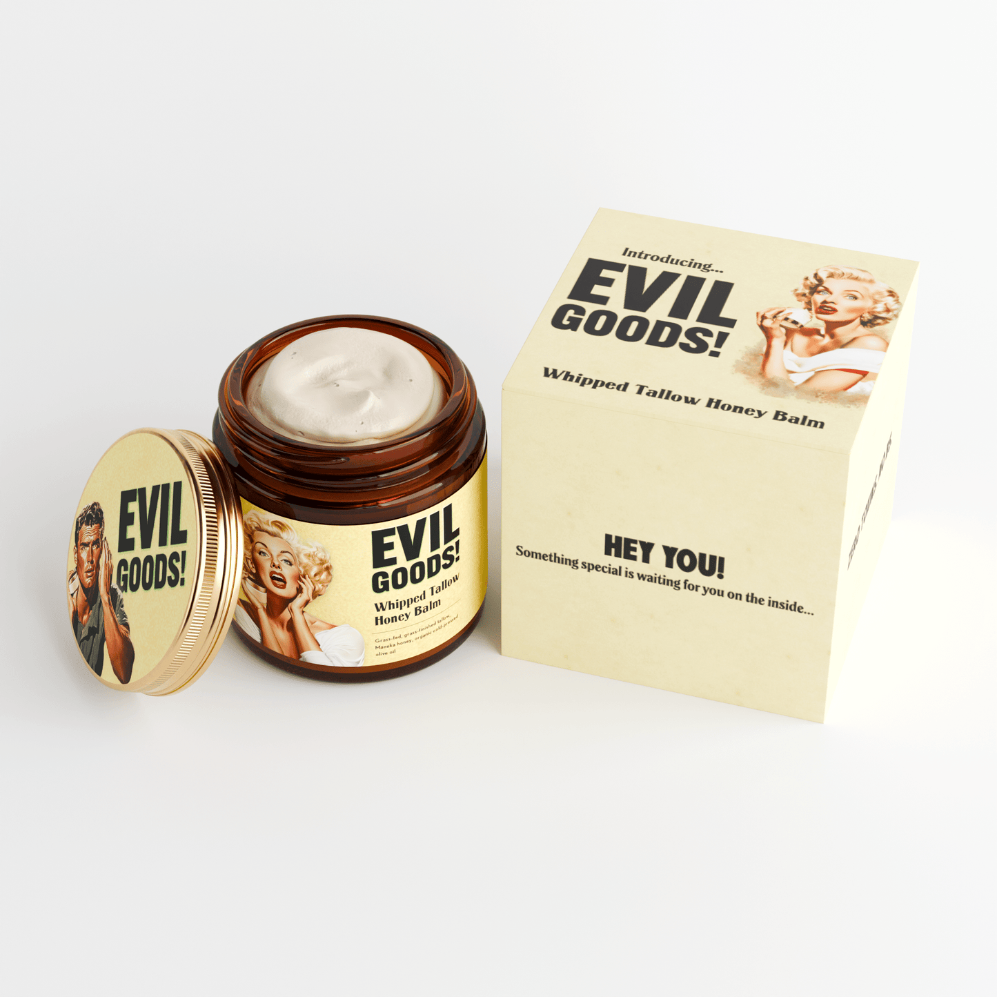 EVIL GOODS Whipped Beef Tallow & Manuka Honey Balm - Organic Face Cream, Body Lotion, Lip Balm & Moisturizer for Dry Skin - Hydrating Skincare for Men, Women & Kids - Natural, Non-Toxic, Grass-Fed, Unscented, Sensitive Skin F - Revitalize Mind Body