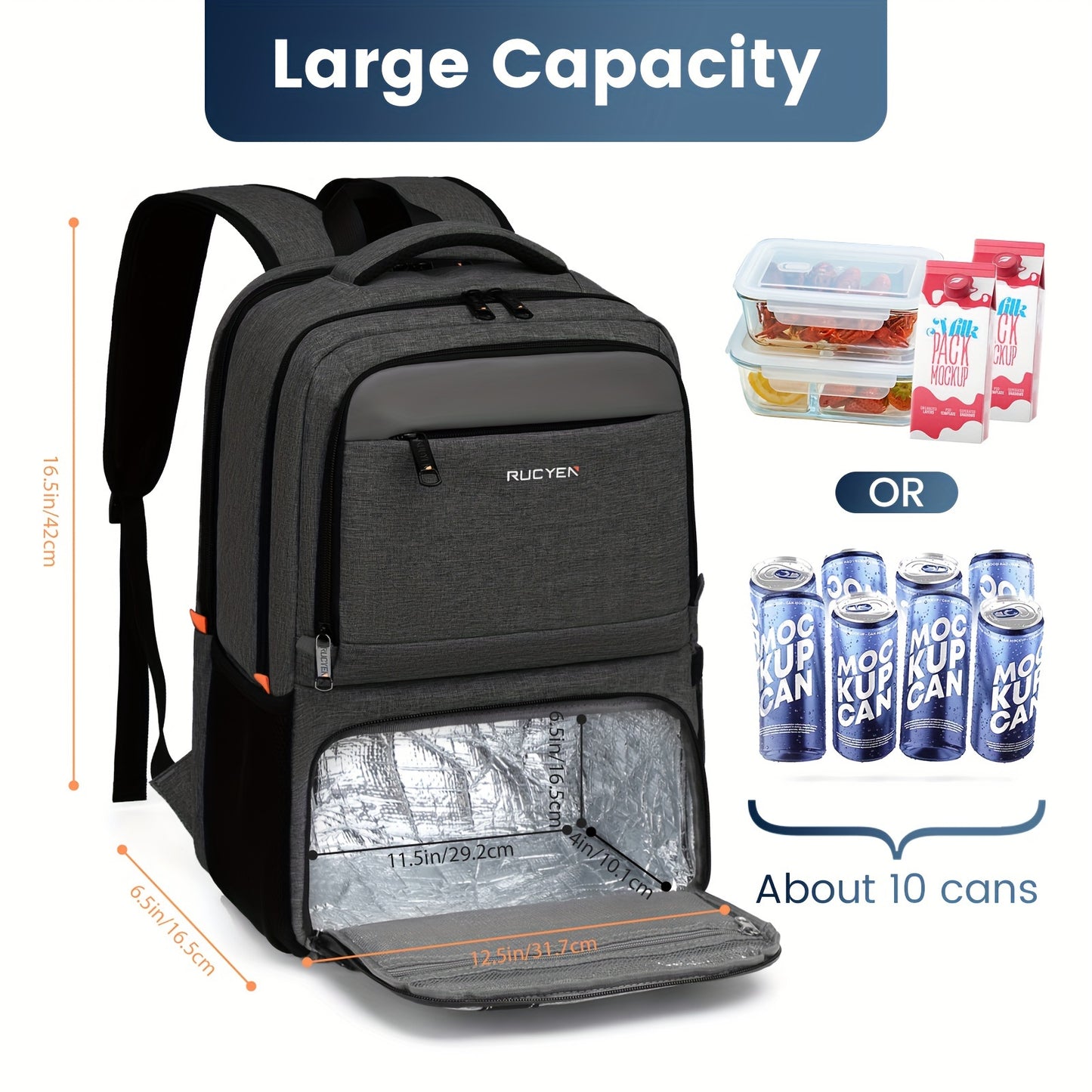 15.6 Inches RFID Blocking Laptop RUCYEN Backpack - Insulated Cooler Lunch Box with USB Port for Men Women - Work Travel Picnics Hiking - Revitalize Mind Body