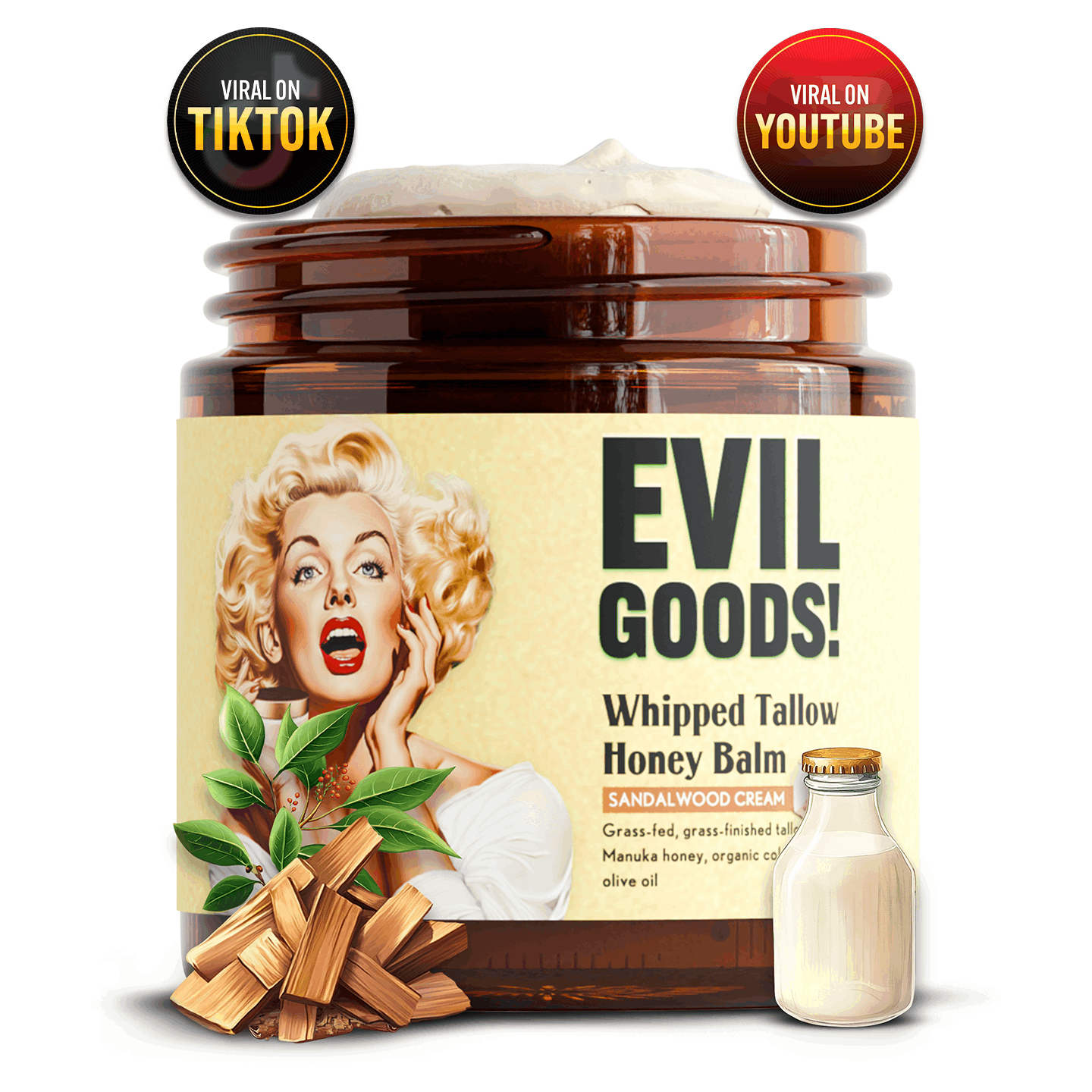 EVIL GOODS Whipped Beef Tallow & Manuka Honey Balm - Organic Face Cream, Body Lotion, Lip Balm & Moisturizer for Dry Skin - Hydrating Skincare for Men, Women & Kids - Natural, Non-Toxic, Grass-Fed, Unscented, Sensitive Skin F - Revitalize Mind Body