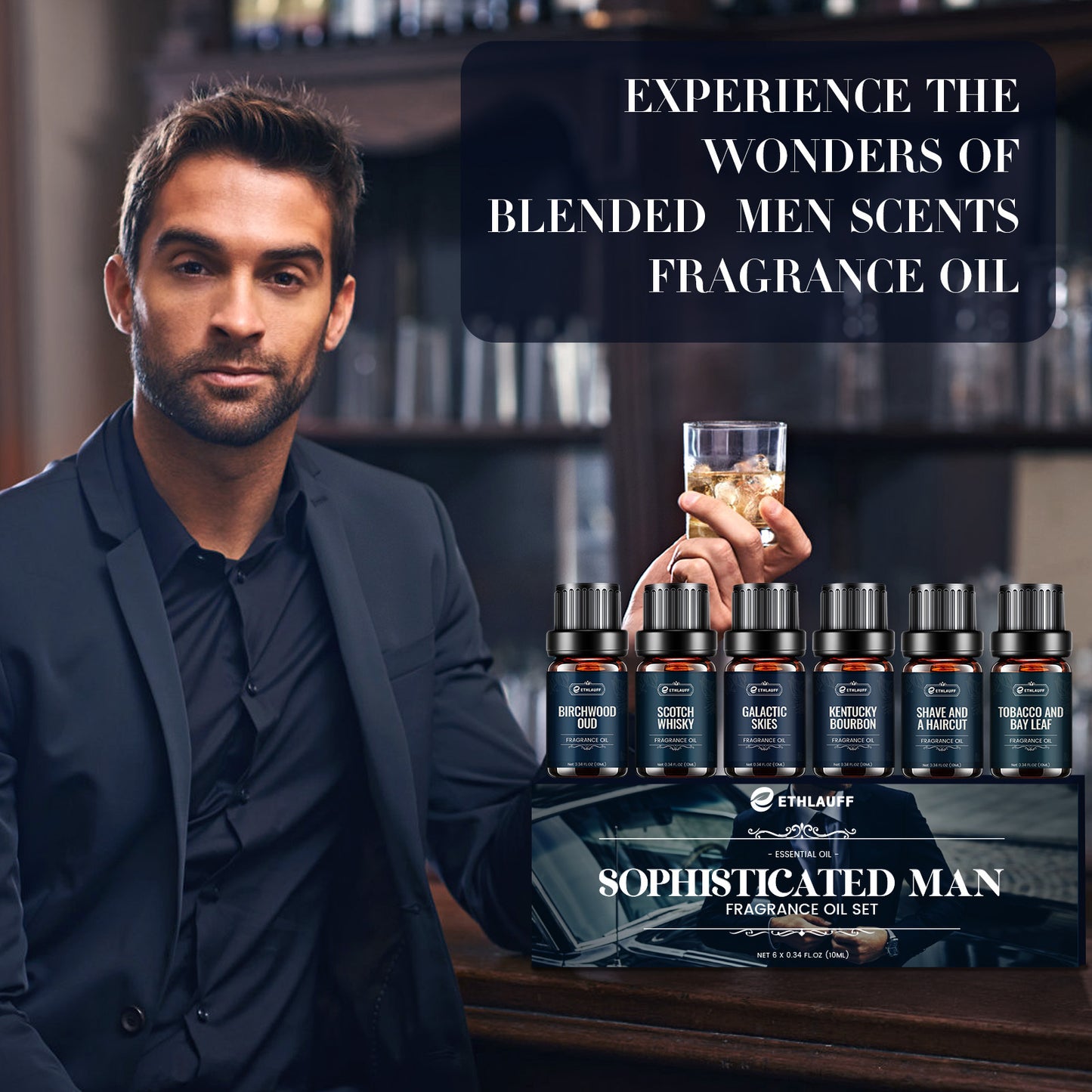 Mens Essential Oils Set, Men Scents Fragrance Oil, Essential Oils for Diffuseret 6x10ML, Diffuser Oils Scents for Home,Tobacco and Bay Leaf, Kentucky Bourbon, Galactic Skies, Scotch Whisky, Birchwood Oud - Revitalize Mind Body