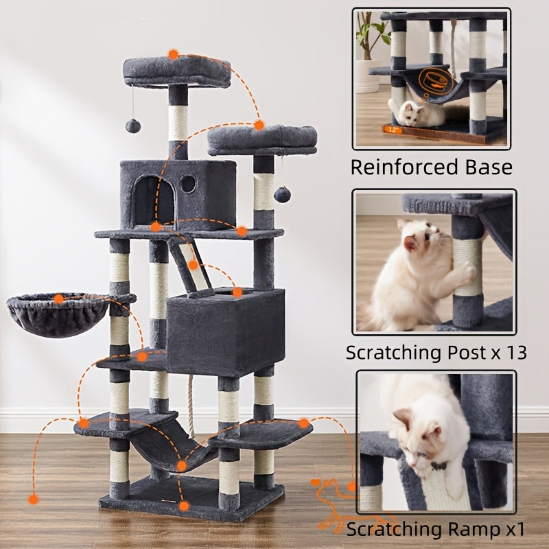 66.1/44.1in Cat Tree, Large Cat Tower with 13 Scratching Posts, 2 Perches, 2 Caves, Hanging Basket & Hammock, Pompoms, Stable Kitty Play House, Multi-Level Plush Cat Condo for Indoor Cat, Easy to Assemble, Perfect Children's - Revitalize Mind Body