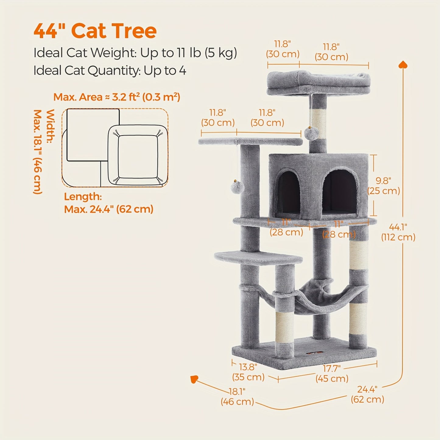 66.1/44.1in Cat Tree, Large Cat Tower with 13 Scratching Posts, 2 Perches, 2 Caves, Hanging Basket & Hammock, Pompoms, Stable Kitty Play House, Multi-Level Plush Cat Condo for Indoor Cat, Easy to Assemble, Perfect Children's - Revitalize Mind Body