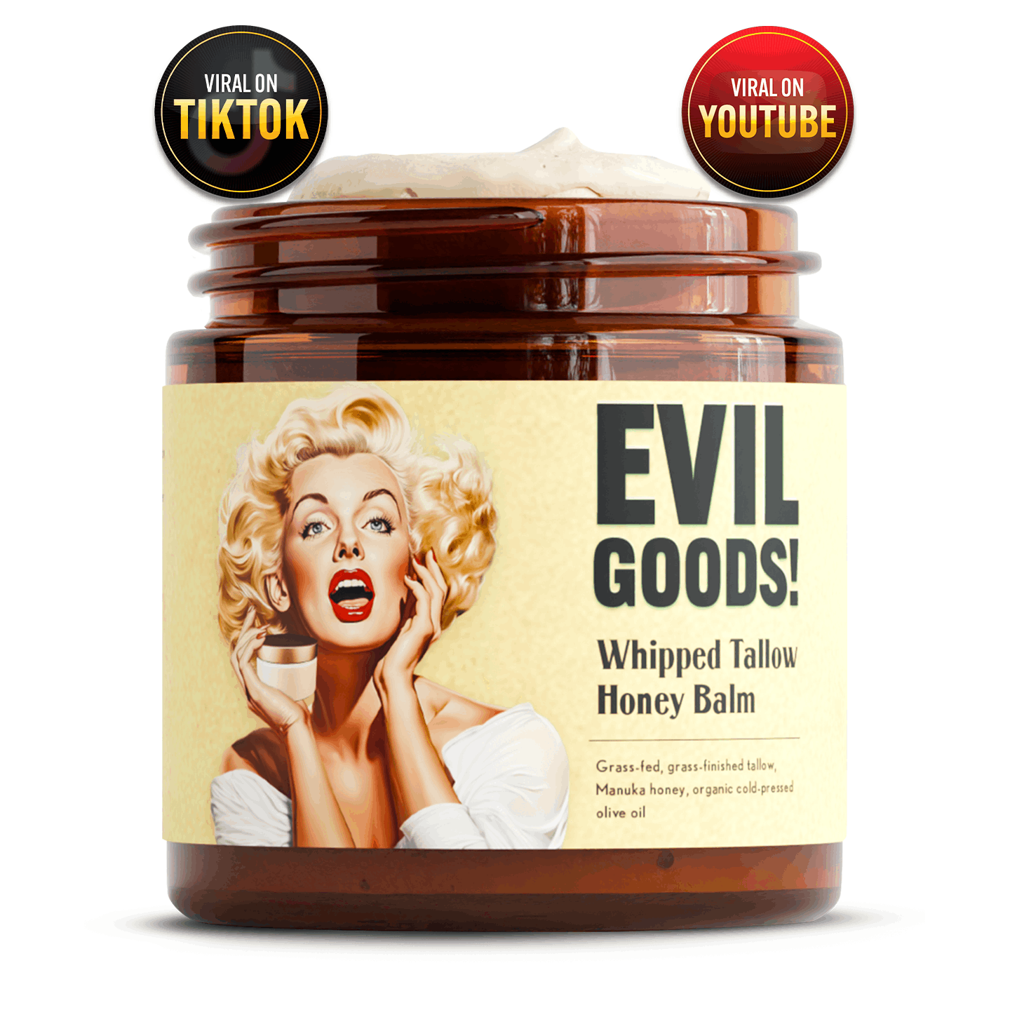 EVIL GOODS Whipped Beef Tallow & Manuka Honey Balm - Organic Face Cream, Body Lotion, Lip Balm & Moisturizer for Dry Skin - Hydrating Skincare for Men, Women & Kids - Natural, Non-Toxic, Grass-Fed, Unscented, Sensitive Skin F - Revitalize Mind Body
