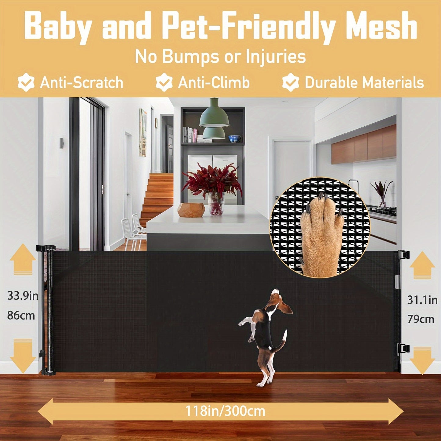 Versatile Retractable & Pet Gate, No Drilling Required - Black Nylon Mesh, Extends 55" Wide, 33.9" High, Ideal for Doorways, Stairs, Hallways, Decks, and Porches, Retractable Doorway Gate|Versatile Home Gate|Durable Nylon Mes - Revitalize Mind Body