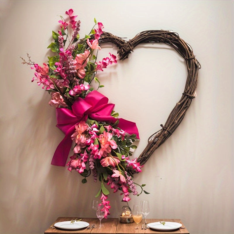 Heart Shaped Floral Wreath Farmhouse Door Decor With Glossy Bow