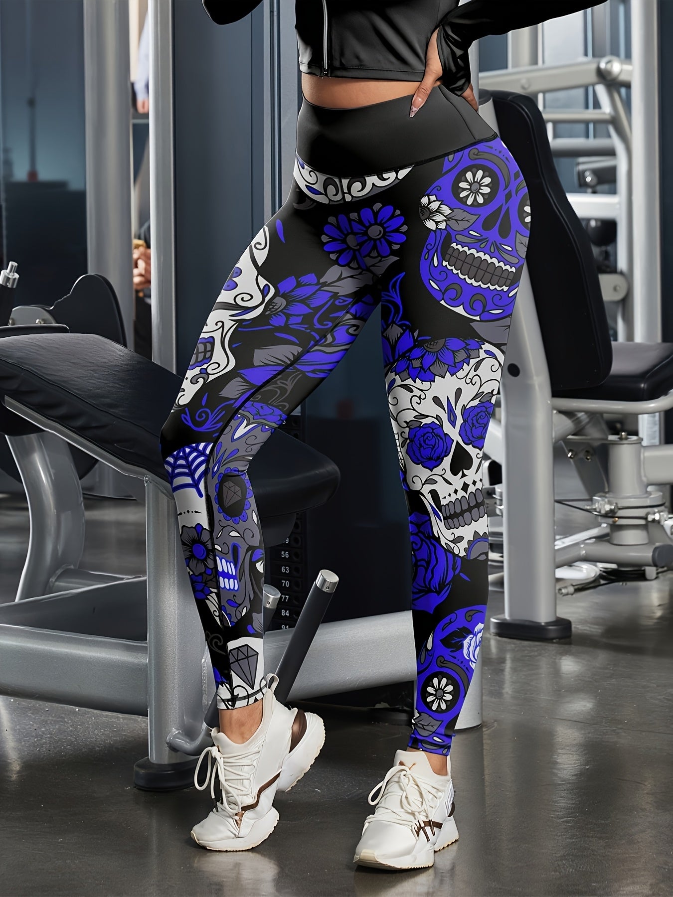 Halloween Skull Floral Print High Waist Yoga Leggings