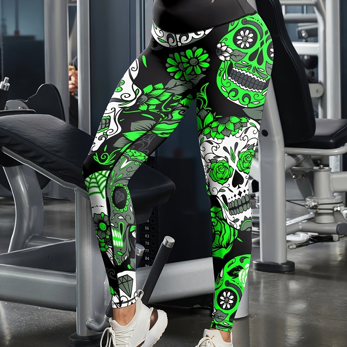 Halloween Skull Floral Print High Waist Yoga Leggings