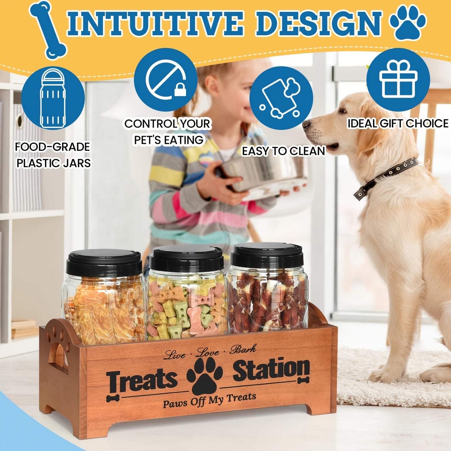 Wooden Dog Treat Container Farmhouse Pet Food Storage