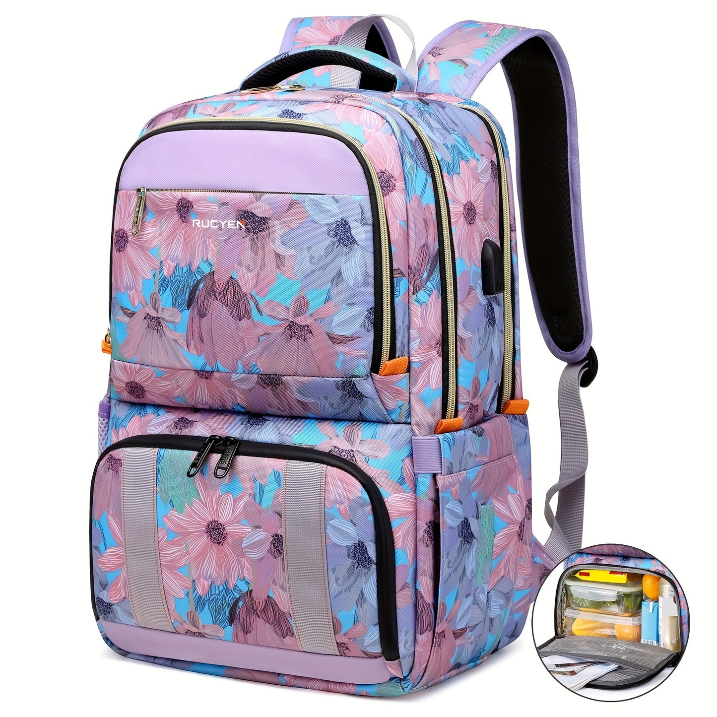 RUCYEN Lunch Backpack, Insulated Cooler Backpack for Women Laptop Backpack with USB Port, 15.6 Inch Laptop Waterproof Backpack Food Bag for Work Beach Camping Picnics Hiking Travel Pink Flower - Revitalize Mind Body