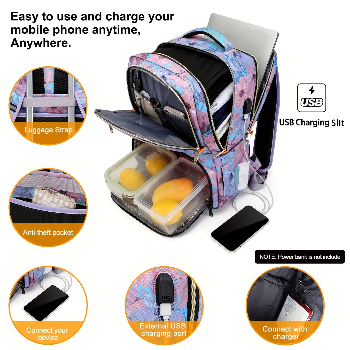 RUCYEN Lunch Backpack, Insulated Cooler Backpack for Women Laptop Backpack with USB Port, 15.6 Inch Laptop Waterproof Backpack Food Bag for Work Beach Camping Picnics Hiking Travel Pink Flower - Revitalize Mind Body