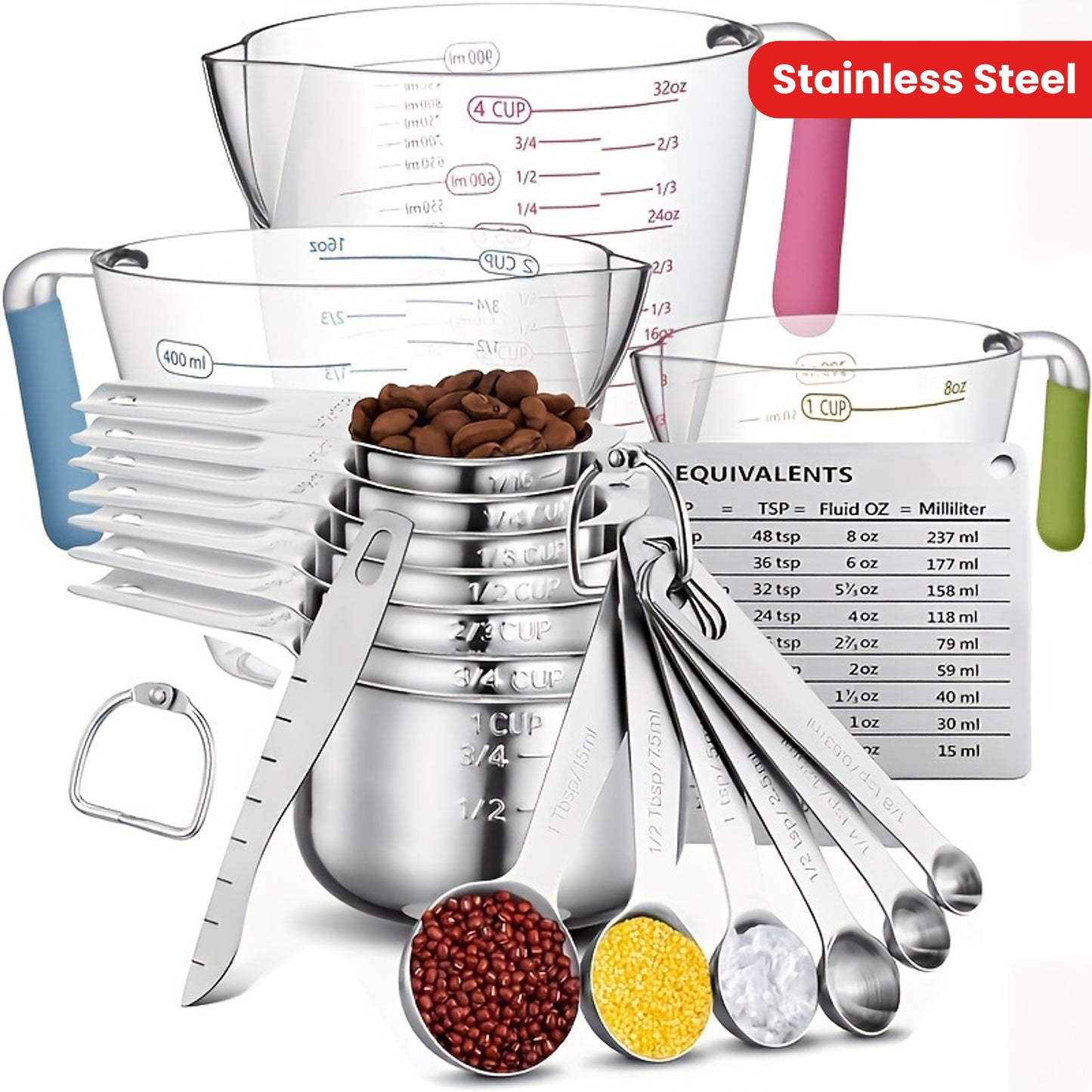 20pcs/set, Measuring Cups And Spoons Set, Stainless Steel Measuring Cups And Spoons Set, Including Stackable Measuring Cup And Measuring Spoons, 1 Leveler For Dry And Liquid Ingredients, Baking Tools, Kitchen Stuff - Revitalize Mind Body