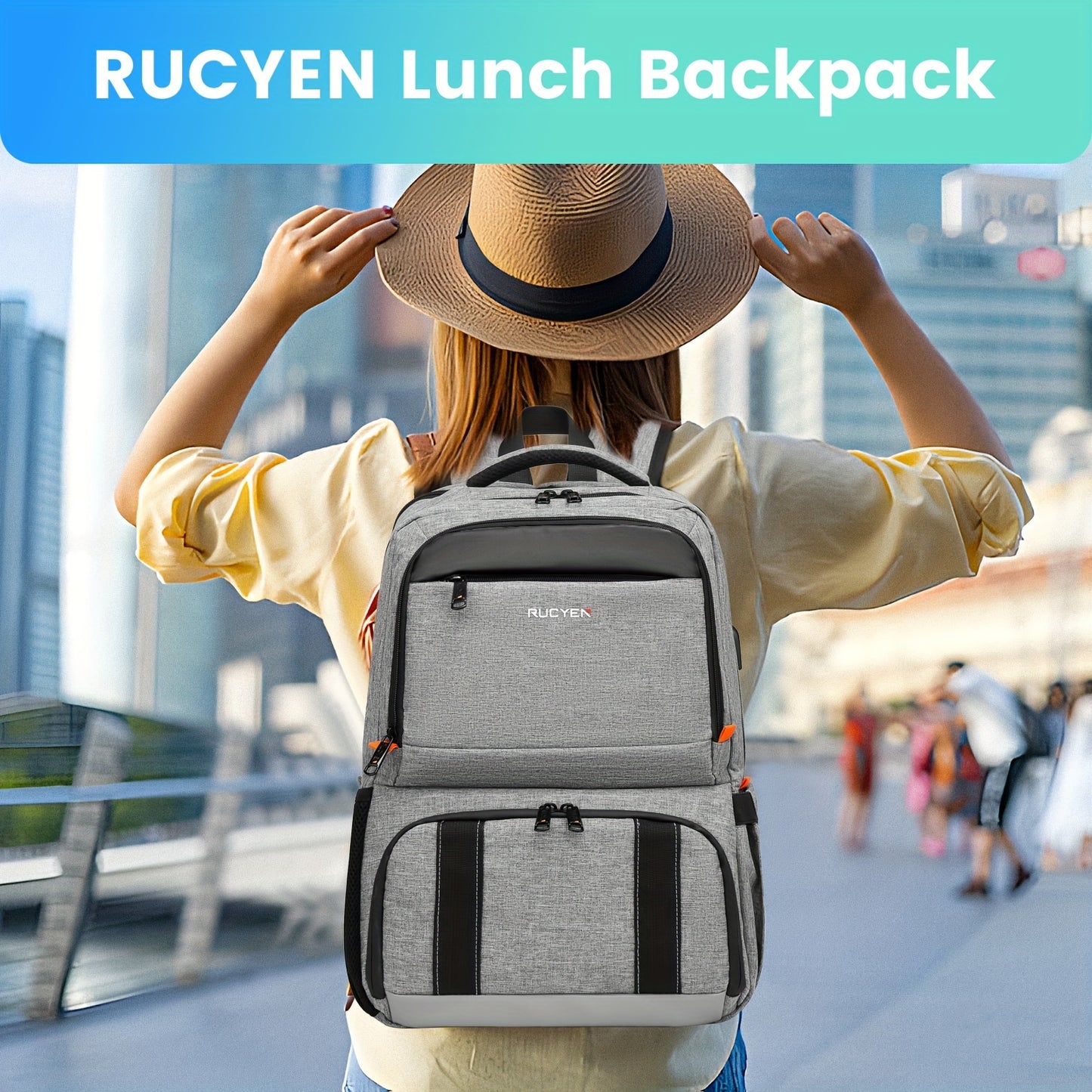 15.6 Inches RFID Blocking Laptop RUCYEN Backpack - Insulated Cooler Lunch Box with USB Port for Men Women - Work Travel Picnics Hiking - Revitalize Mind Body