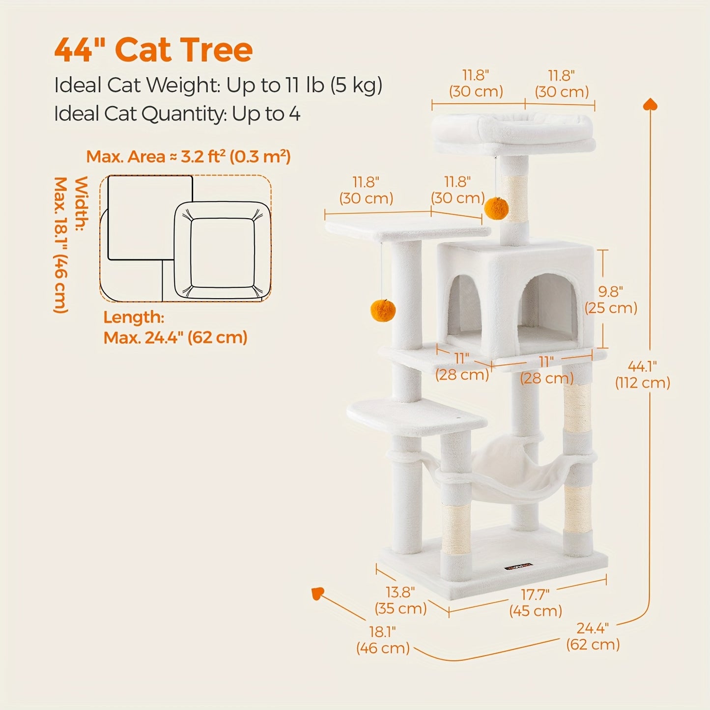 66.1/44.1in Cat Tree, Large Cat Tower with 13 Scratching Posts, 2 Perches, 2 Caves, Hanging Basket & Hammock, Pompoms, Stable Kitty Play House, Multi-Level Plush Cat Condo for Indoor Cat, Easy to Assemble, Perfect Children's - Revitalize Mind Body