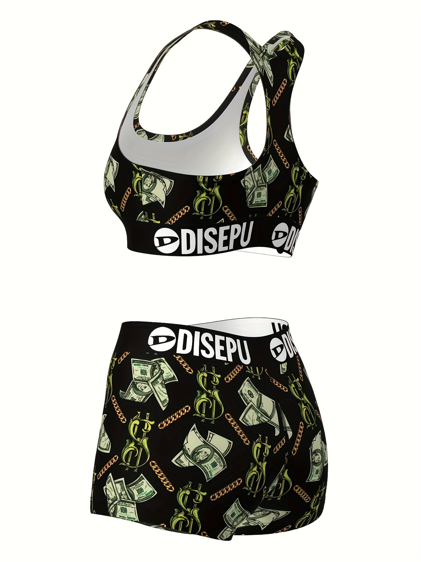 Money Print Sports Bra And Shorts Set Dollar Chain Activewear - Revitalize Mind Body