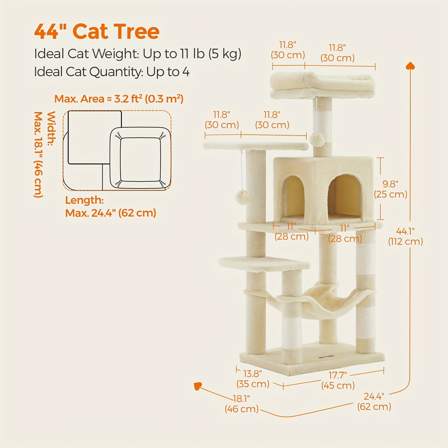 66.1/44.1in Cat Tree, Large Cat Tower with 13 Scratching Posts, 2 Perches, 2 Caves, Hanging Basket & Hammock, Pompoms, Stable Kitty Play House, Multi-Level Plush Cat Condo for Indoor Cat, Easy to Assemble, Perfect Children's - Revitalize Mind Body