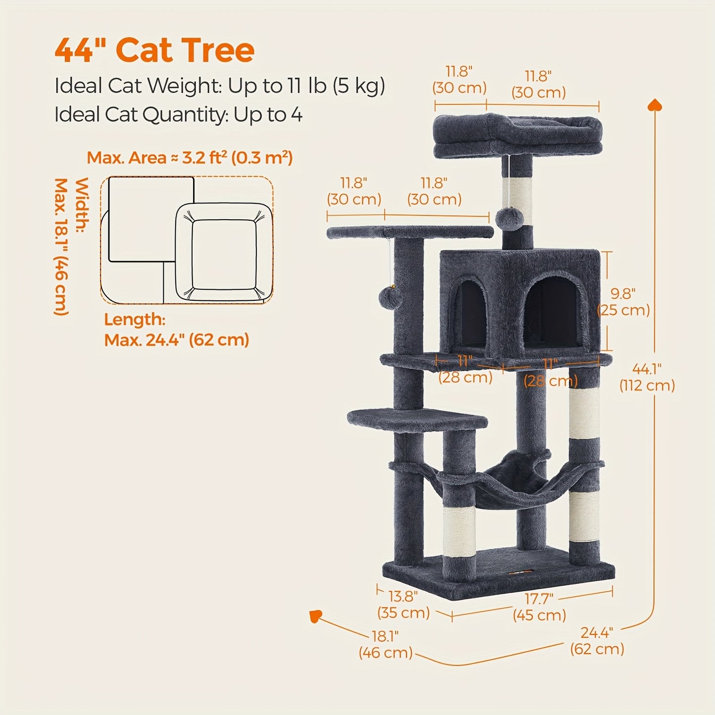 66.1/44.1in Cat Tree, Large Cat Tower with 13 Scratching Posts, 2 Perches, 2 Caves, Hanging Basket & Hammock, Pompoms, Stable Kitty Play House, Multi-Level Plush Cat Condo for Indoor Cat, Easy to Assemble, Perfect Children's - Revitalize Mind Body