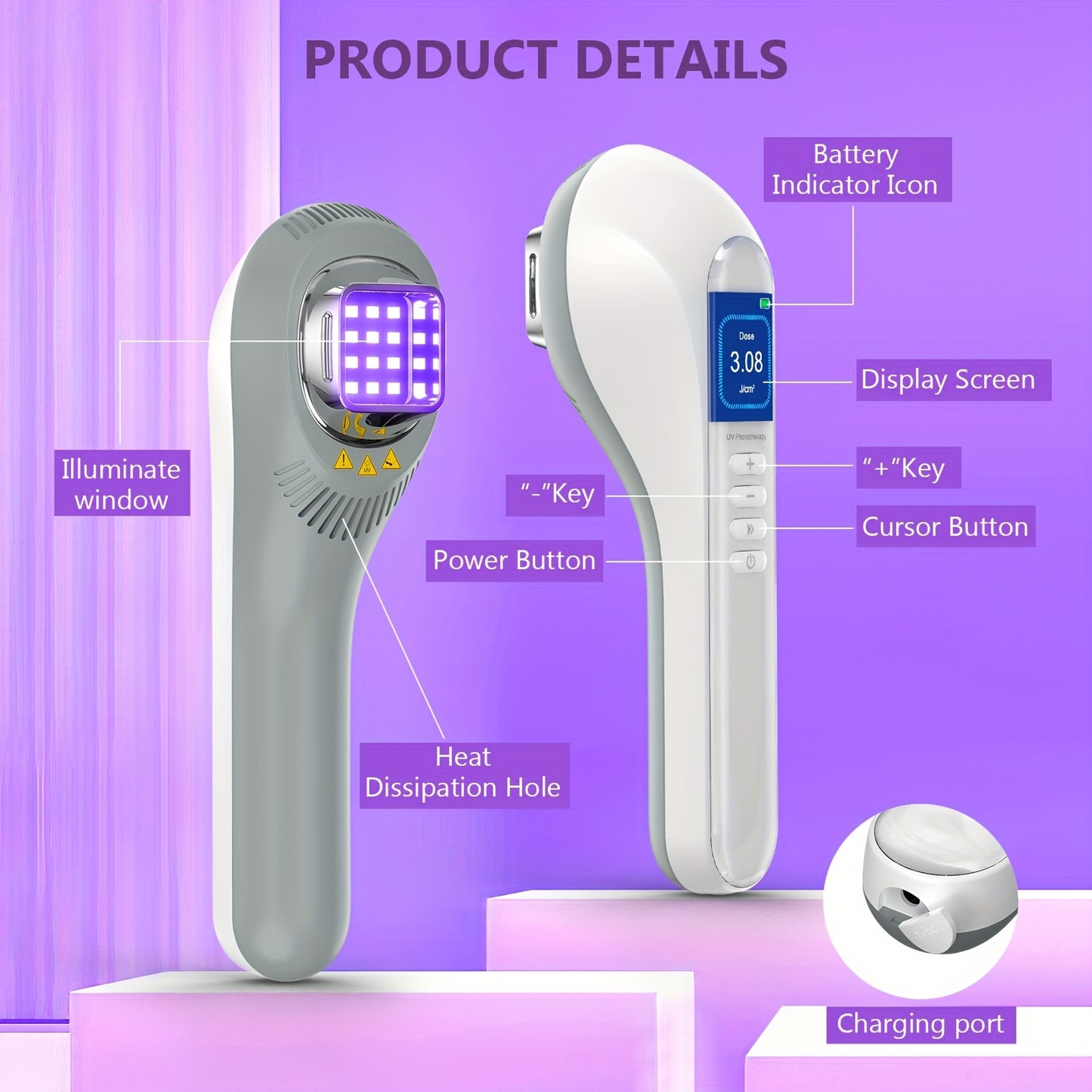 Handheld UV Light Relax Device with Adjustable Energy & Free Blackout Glasses – USB Rechargeable, 2600mAh Battery, Digital Display, White & Gray Design for Home Skincare Routine, Energy Regulation Device | Sleek Handheld De - Revitalize Mind Body