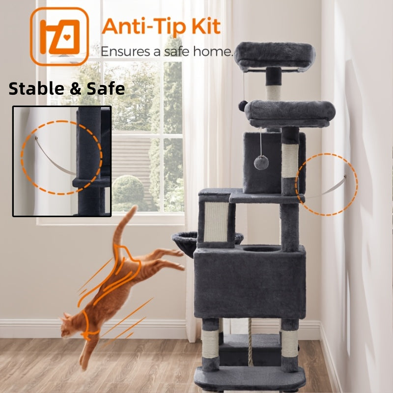 66.1/44.1in Cat Tree, Large Cat Tower with 13 Scratching Posts, 2 Perches, 2 Caves, Hanging Basket & Hammock, Pompoms, Stable Kitty Play House, Multi-Level Plush Cat Condo for Indoor Cat, Easy to Assemble, Perfect Children's - Revitalize Mind Body