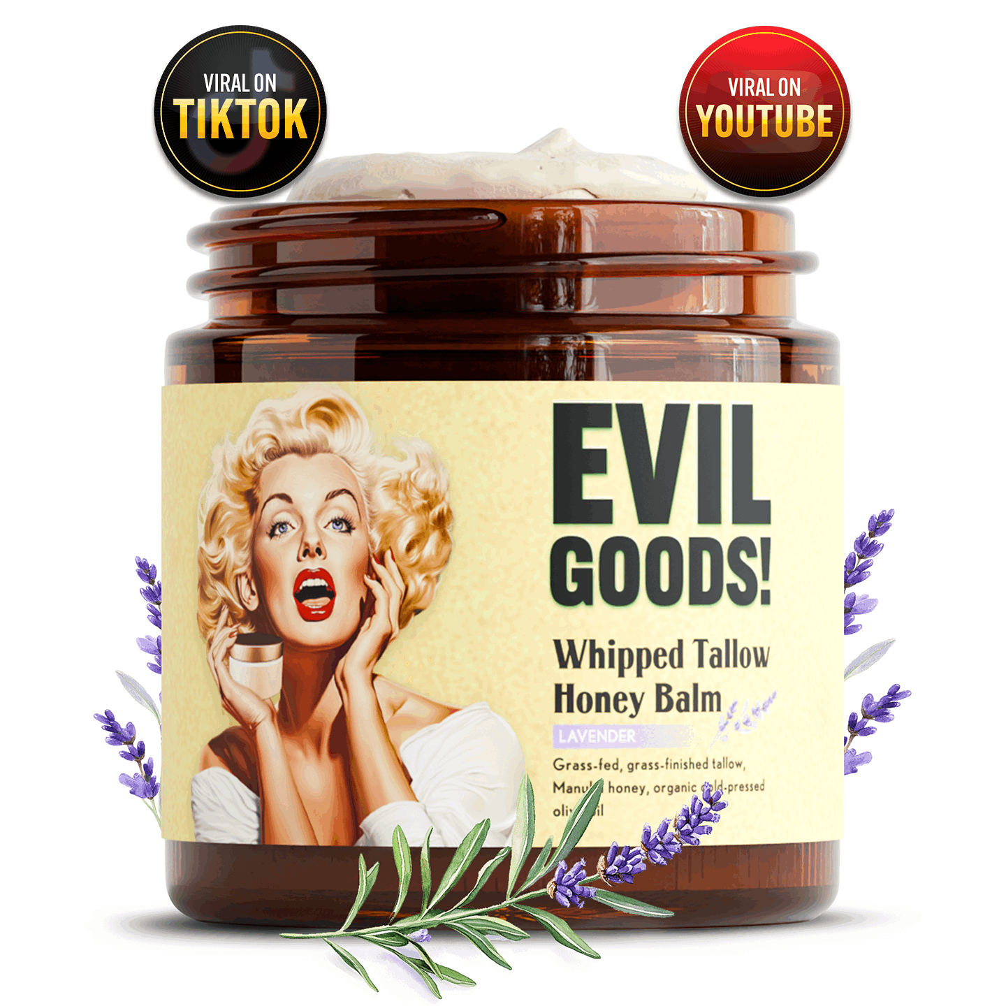 EVIL GOODS Whipped Beef Tallow & Manuka Honey Balm - Organic Face Cream, Body Lotion, Lip Balm & Moisturizer for Dry Skin - Hydrating Skincare for Men, Women & Kids - Natural, Non-Toxic, Grass-Fed, Unscented, Sensitive Skin F - Revitalize Mind Body
