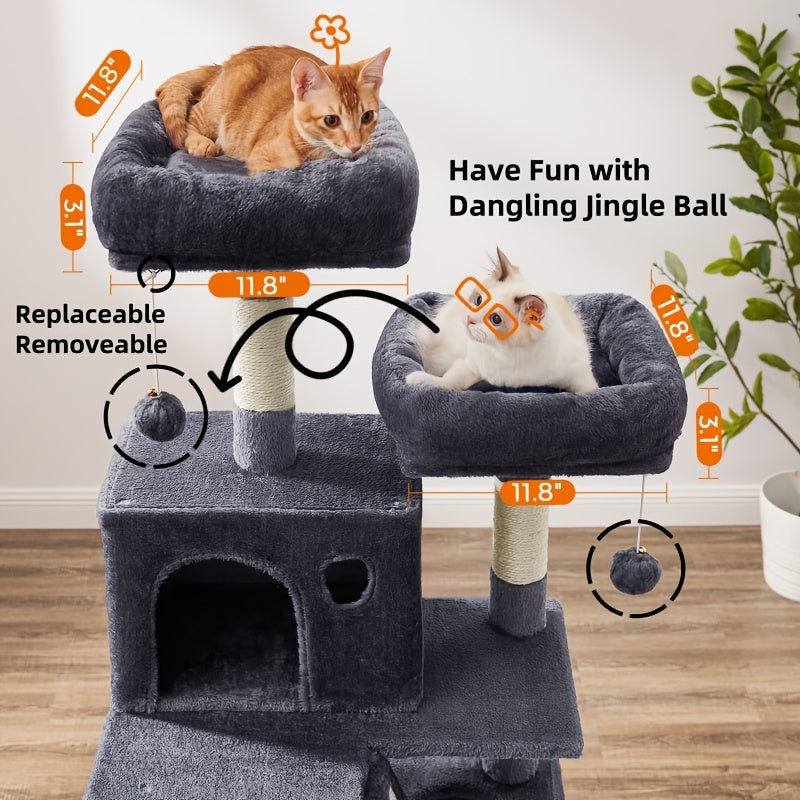 66.1/44.1in Cat Tree, Large Cat Tower with 13 Scratching Posts, 2 Perches, 2 Caves, Hanging Basket & Hammock, Pompoms, Stable Kitty Play House, Multi-Level Plush Cat Condo for Indoor Cat, Easy to Assemble, Perfect Children's - Revitalize Mind Body