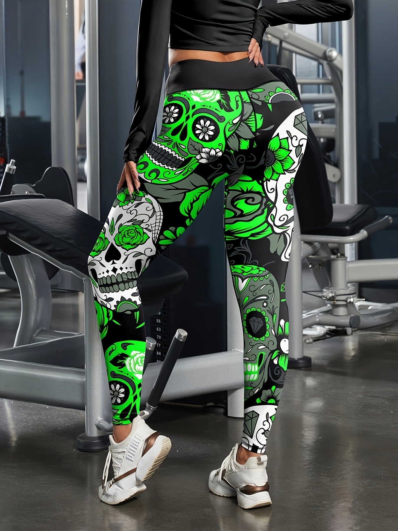 Halloween Skull Floral Print High Waist Yoga Leggings