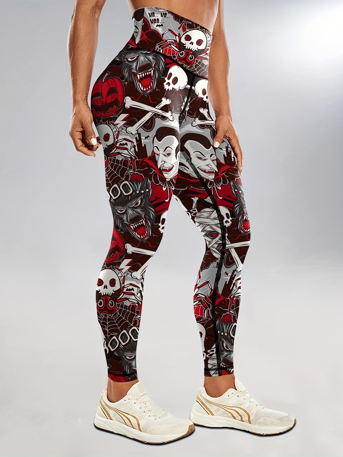 Halloween Skeleton Print High Waist Yoga Leggings For Women